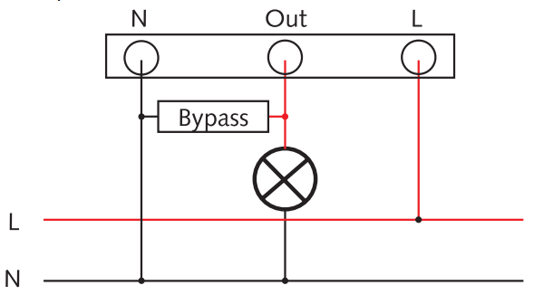 Wiring diagram, showing the bypass installed after a light switch, but before a light fitting.